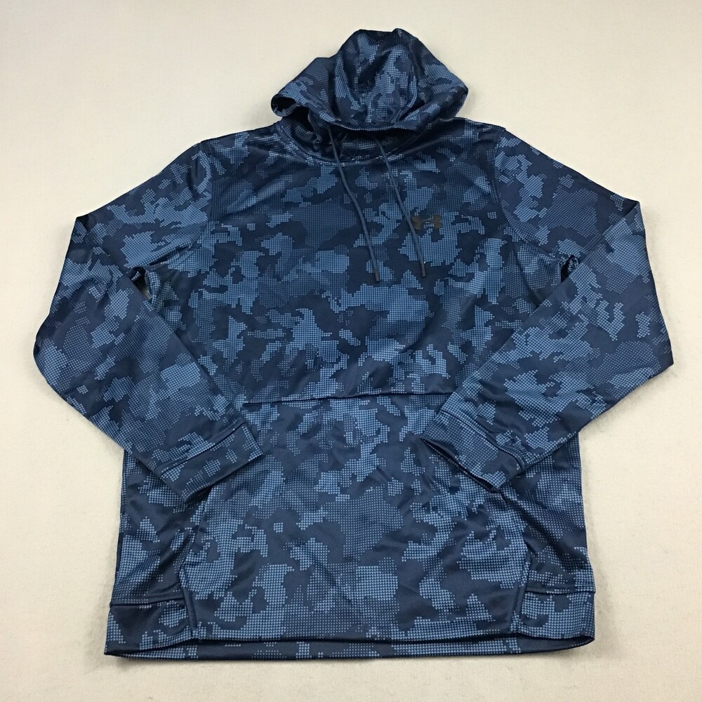 Under Armour Hoodie Men Medium Blue Camo UA Logo Pullover Coldgear Pockets M